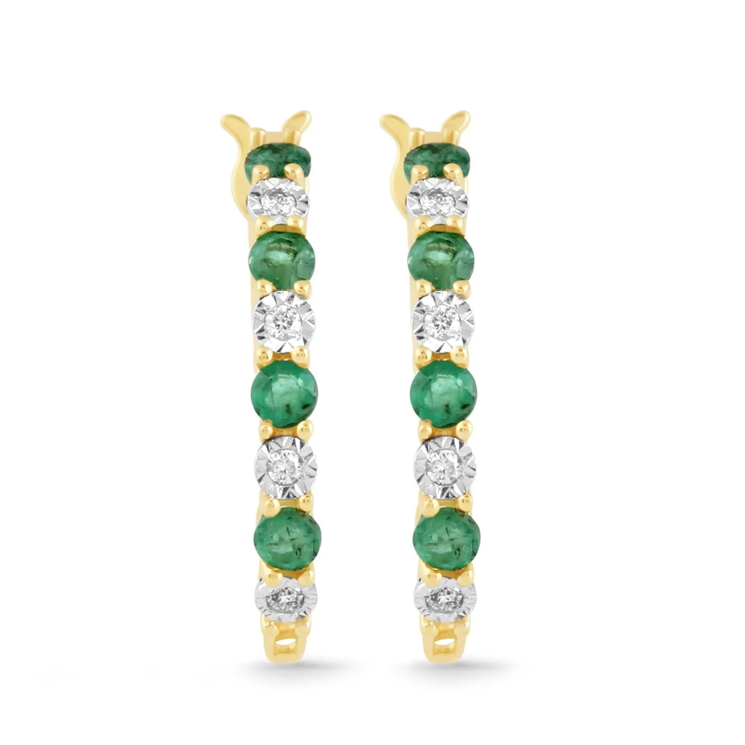 Jewelili 10K Yellow Gold Natural Emerald and White Round Diamonds Hoop Earrings