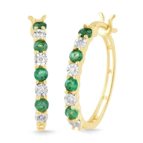 Jewelili 10K Yellow Gold Natural Emerald and White Round Diamonds Hoop Earrings