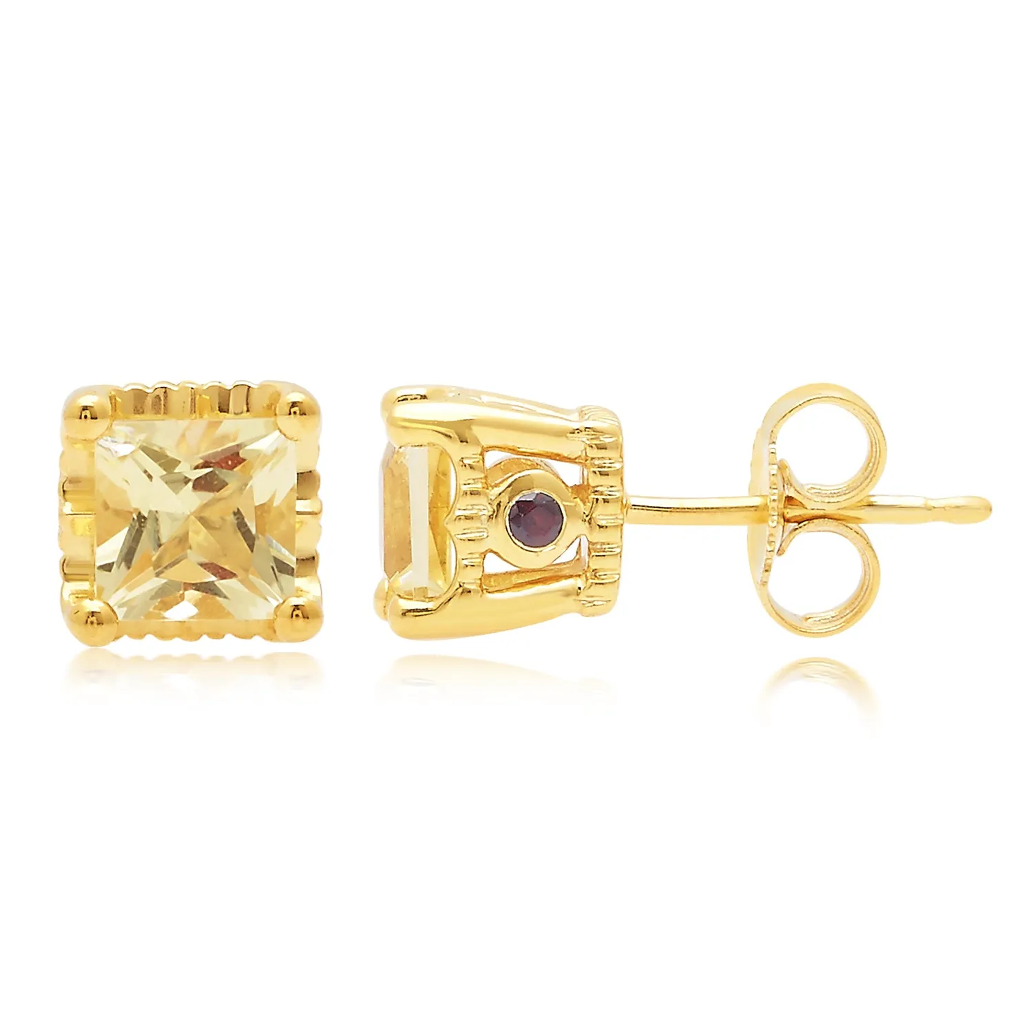 Jewelili 10K Yellow Gold with 1 CTTW Treated Yellow Princess Cut Diamonds with Natural Garnet Stud Earrings