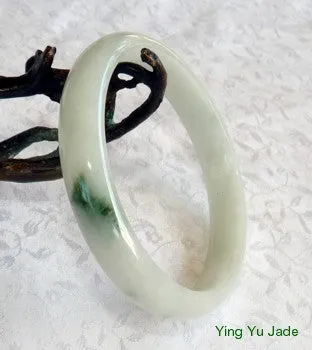 Kiss of Moss Green Vein on White Jadeite Jade Bangle Bracelet 62mm (BB2631)