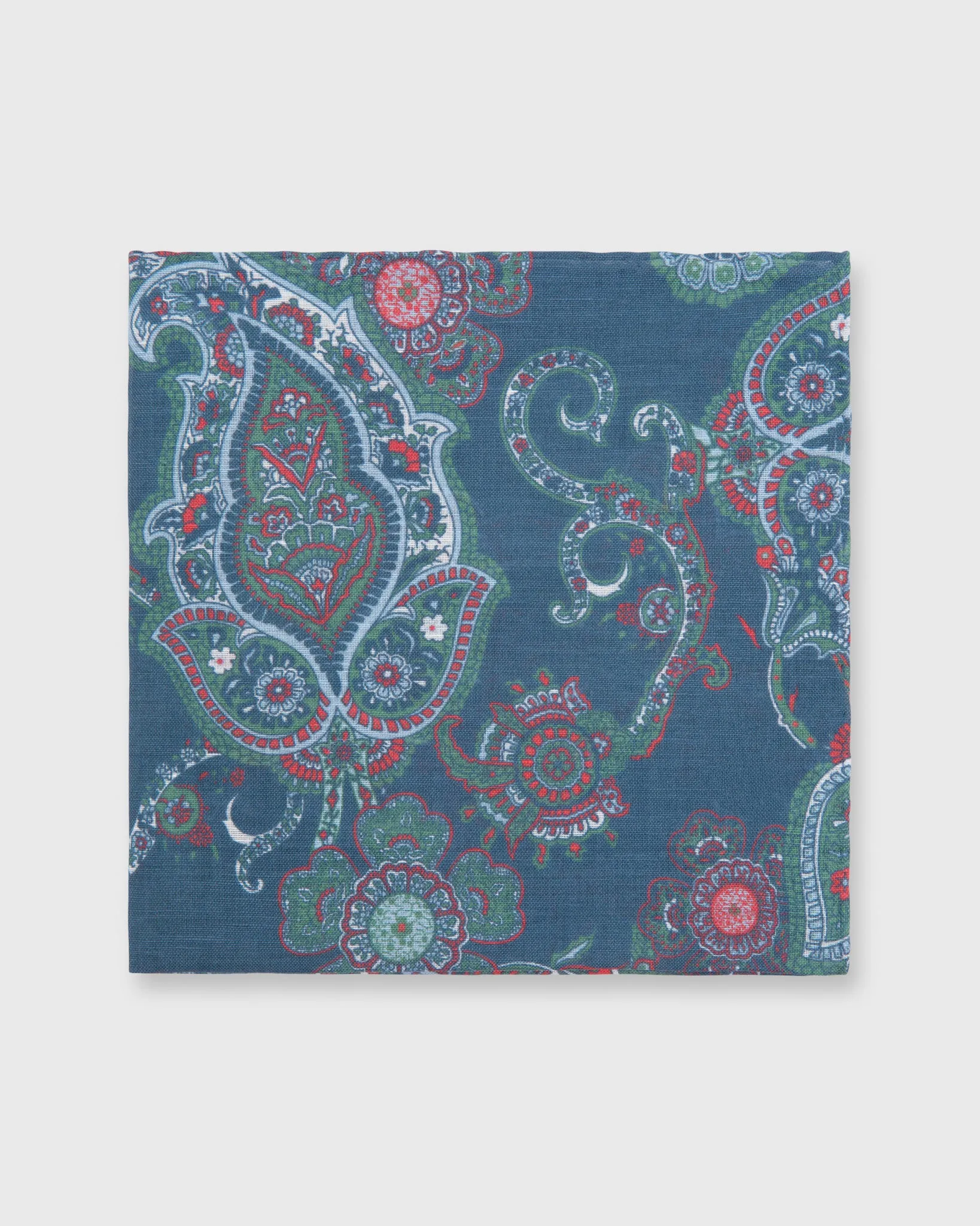 Linen/Cotton Print Pocket Square in Prussian Blue/Sage/Red Paisley