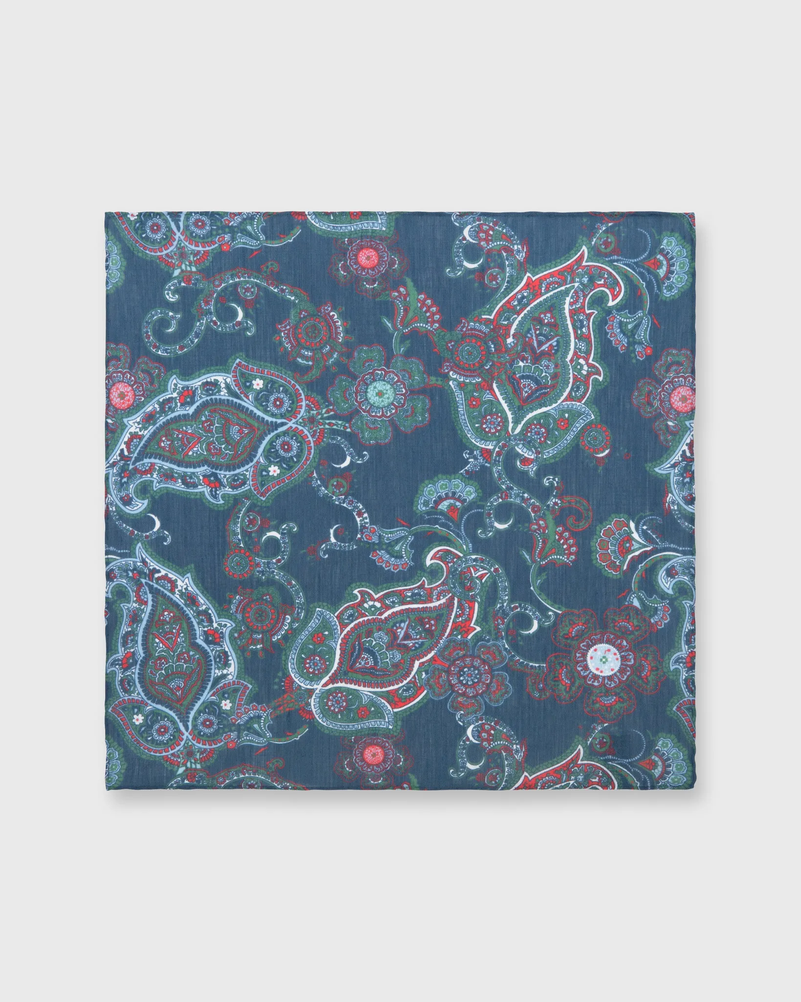 Linen/Cotton Print Pocket Square in Prussian Blue/Sage/Red Paisley