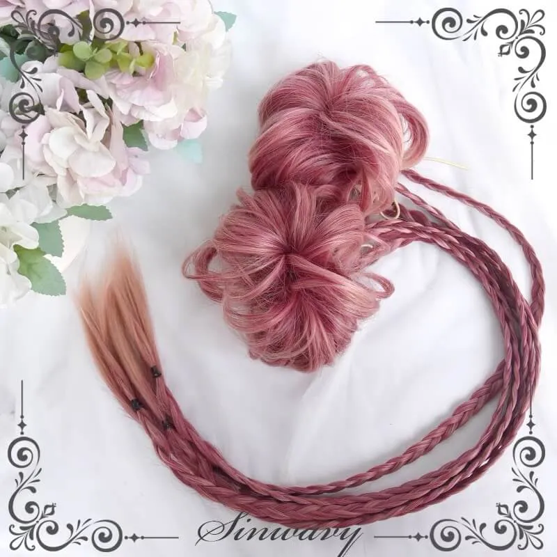 Lolita fluffy flower ball three braid ponytail pink Chinese style flower bud wig - | berry fruit bubble| BY8220