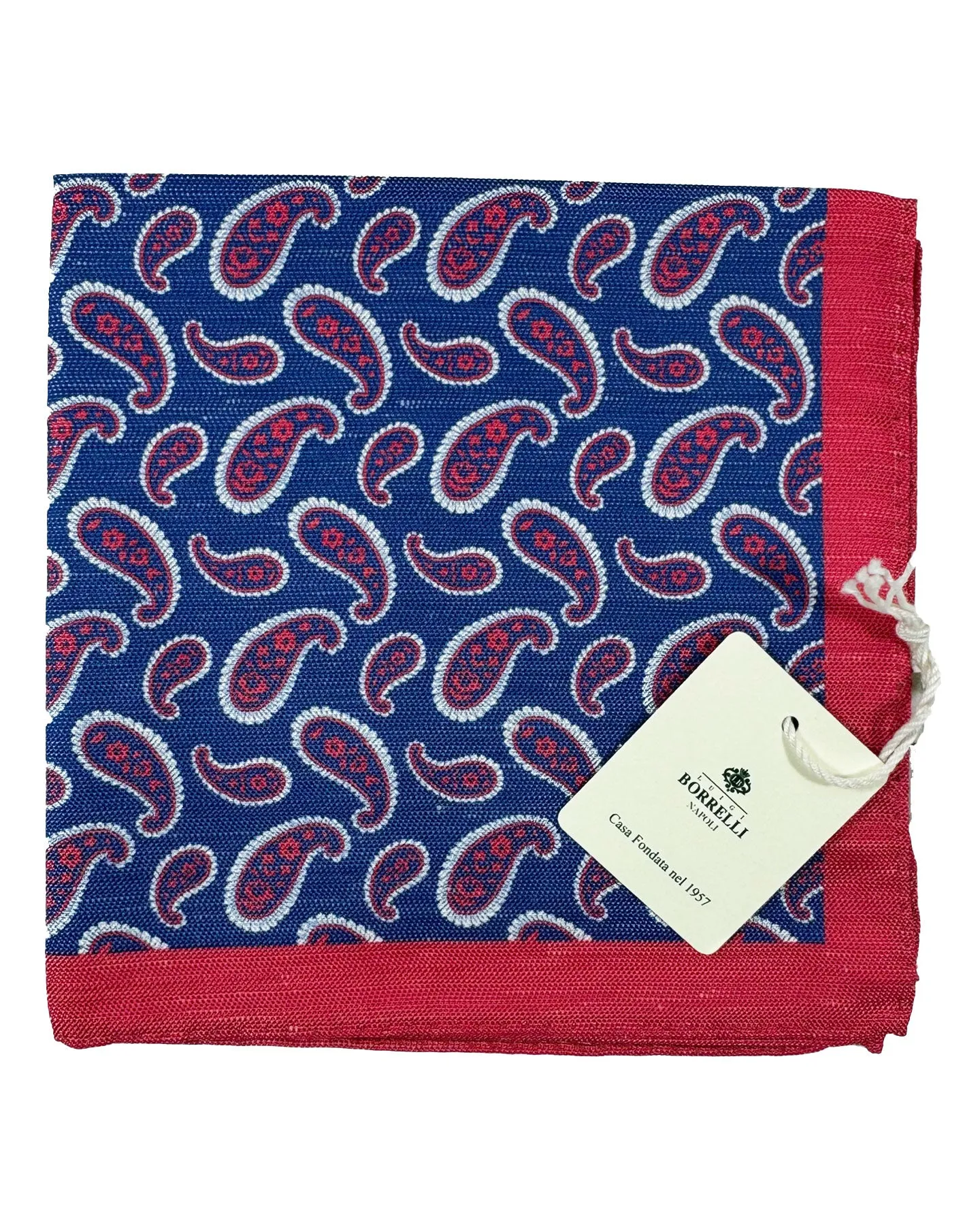 Luigi Borrelli Linen SILK Pocket Square Navy Red Paisley SALE