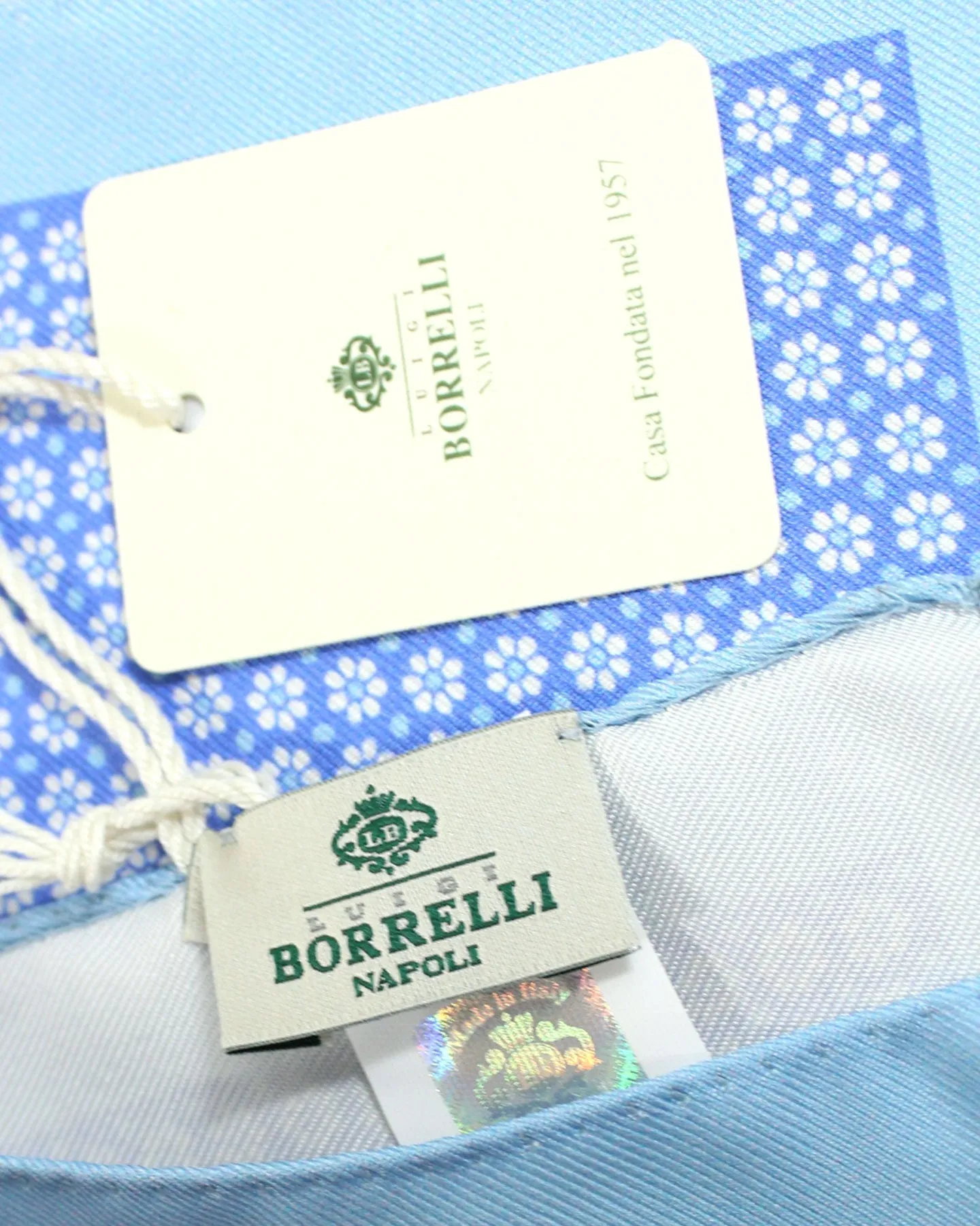 Luigi Borrelli Silk Pocket Square Sky Blue Purple Mini Flowers