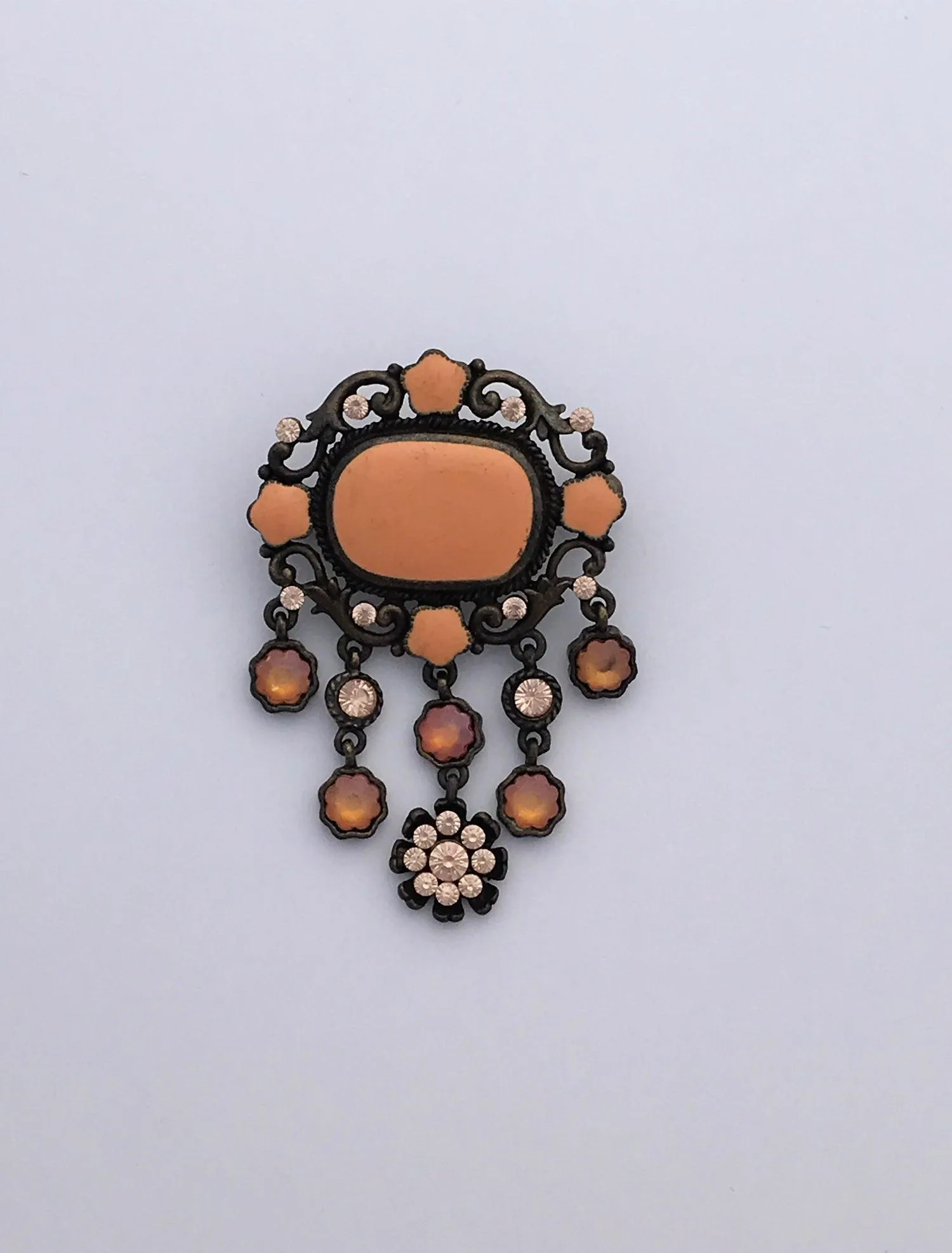 Melon Colored Enamel and Rhinestone Drop Brooch