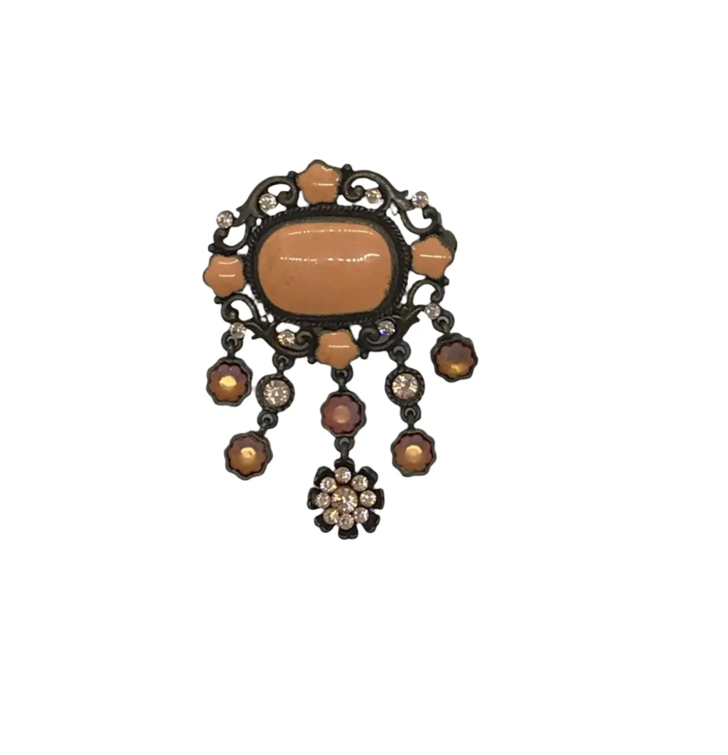 Melon Colored Enamel and Rhinestone Drop Brooch