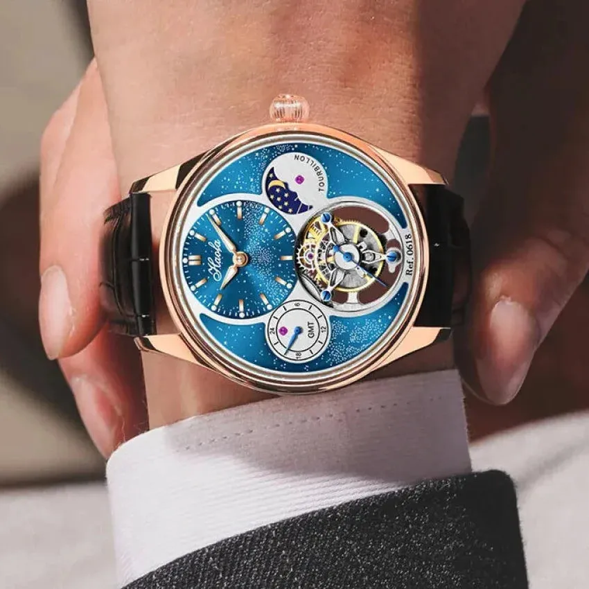 Men's Manual Tourbillon Mechanical Luxury Sapphire Moonphase Business Watch