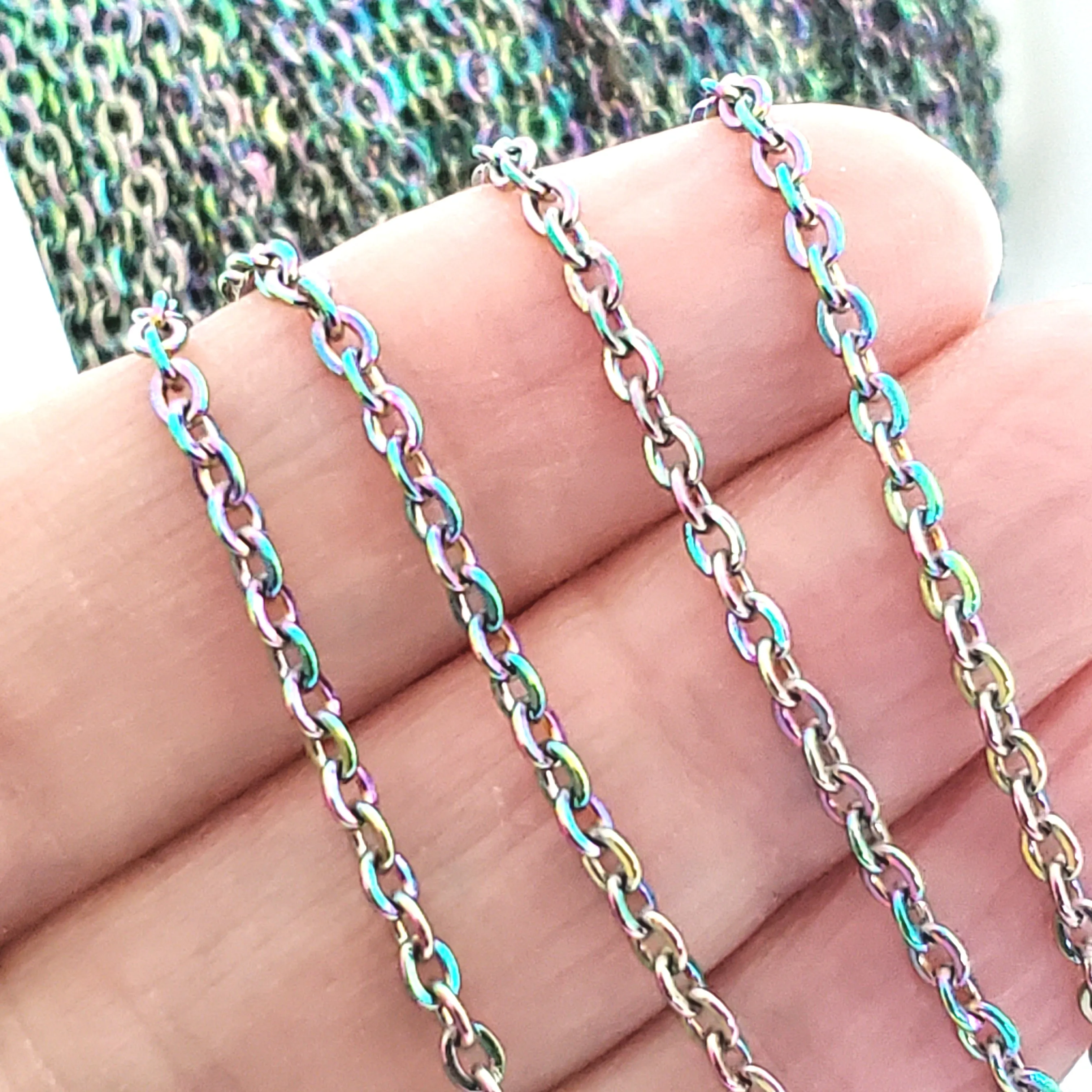 Multi-Color Titanium Plated Stainless Fine Chain, 3x2.5mm Flattened Oval Links, Bulk 30 Feet on a Spool, #1904 MC