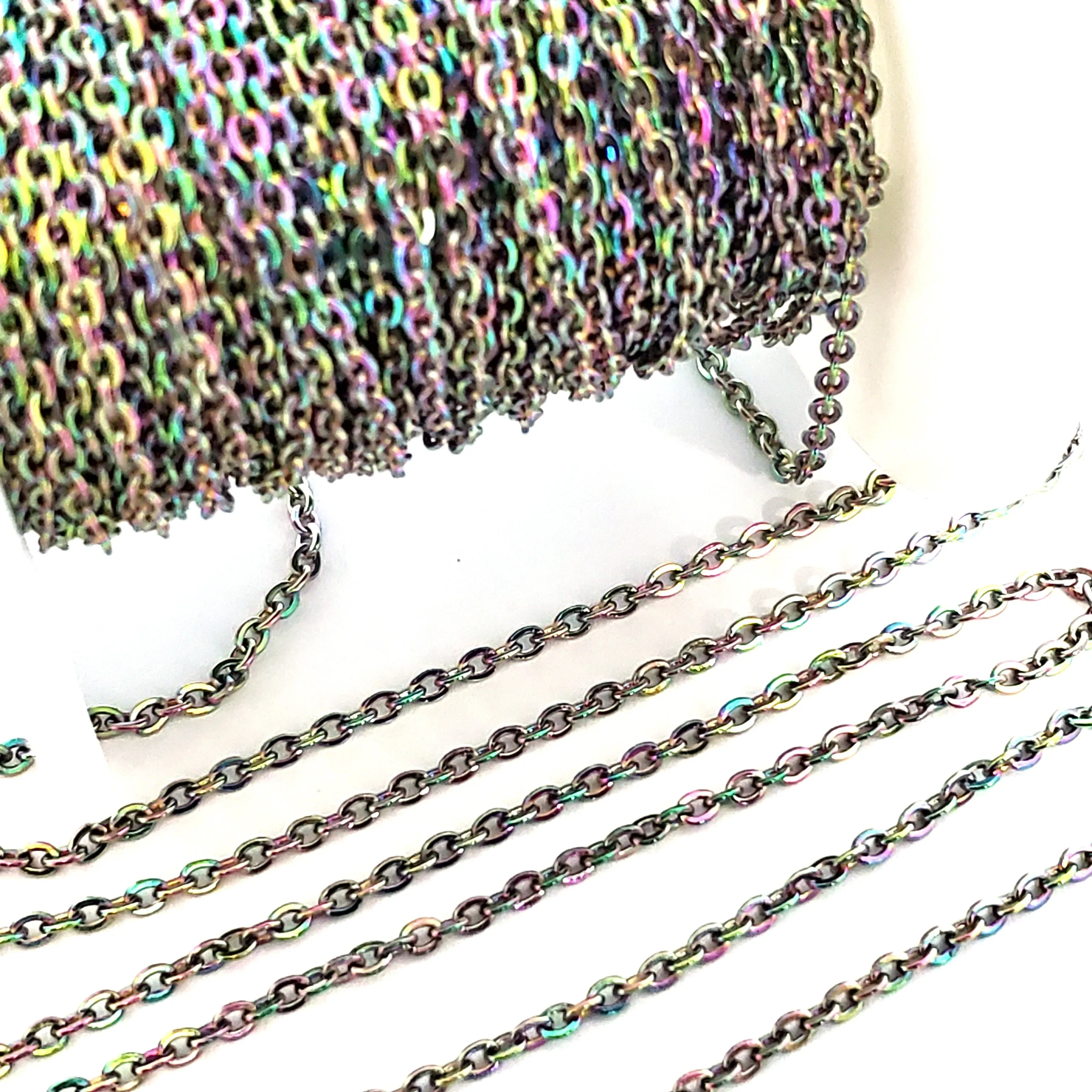 Multi-Color Titanium Plated Stainless Fine Chain, 3x2.5mm Flattened Oval Links, Bulk 30 Feet on a Spool, #1904 MC