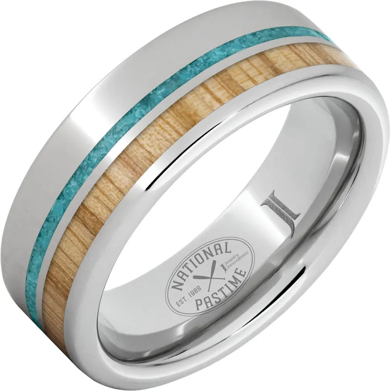 National Pastime Collection Serinium Ring with White Ash Vintage Baseball Bat Wood and Turquoise Inlays