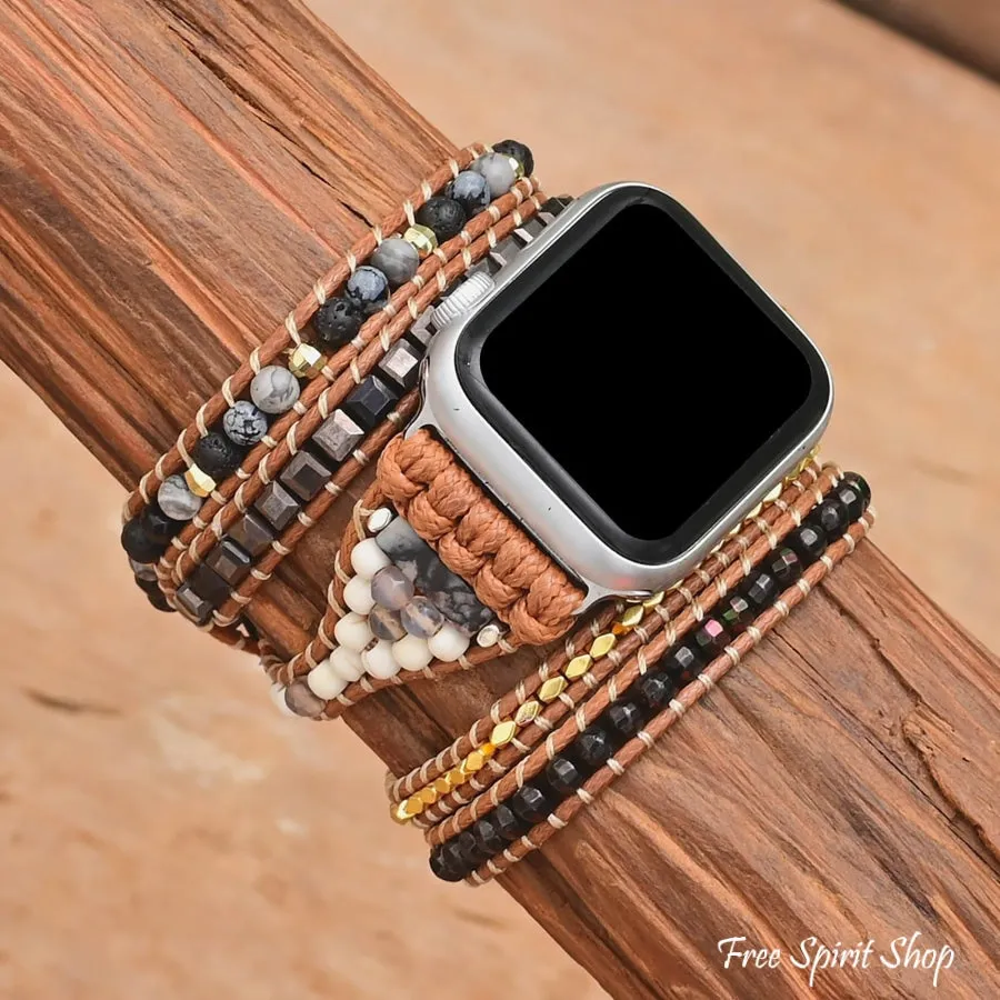 Natural Black Lava Stone Hematite & Snowflake Obsidian Apple Watch Band