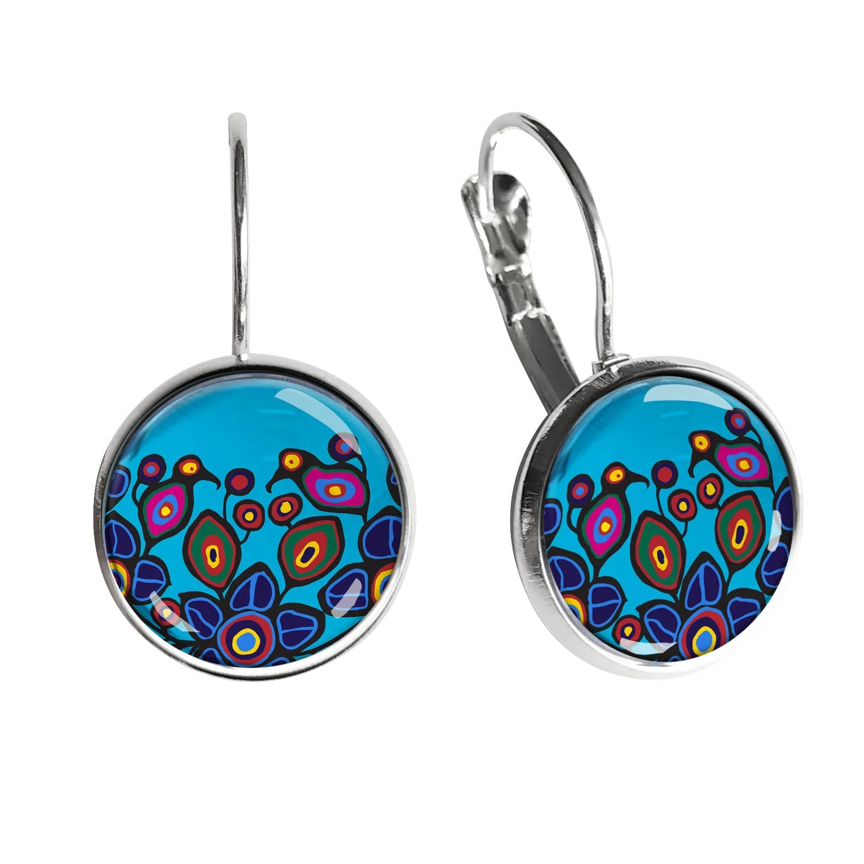 Norval Morrisseau Flowers and Birds Dome Glass Earrings