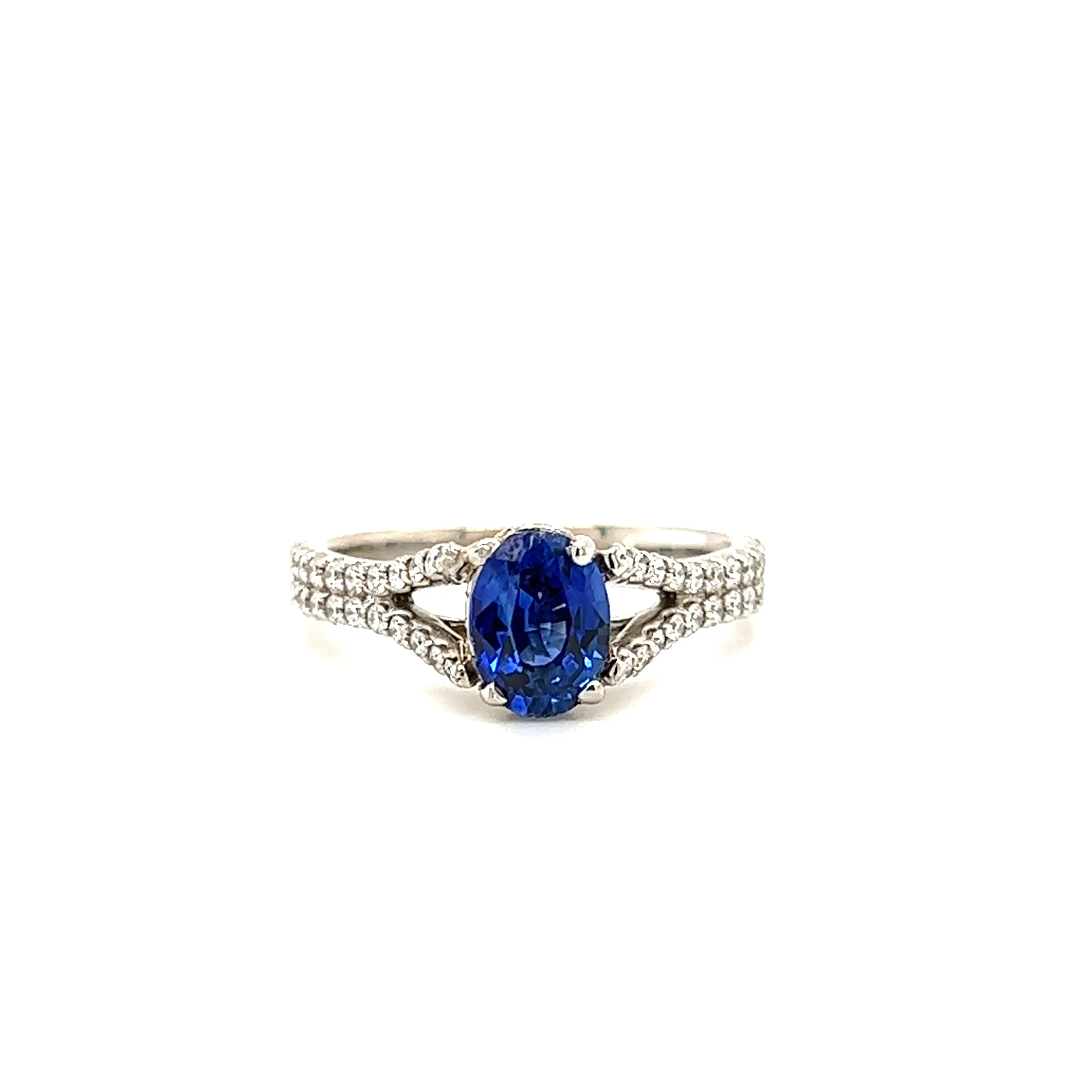 Oval Blue Sapphire Ring with Split Diamond Shank in 14K White Gold