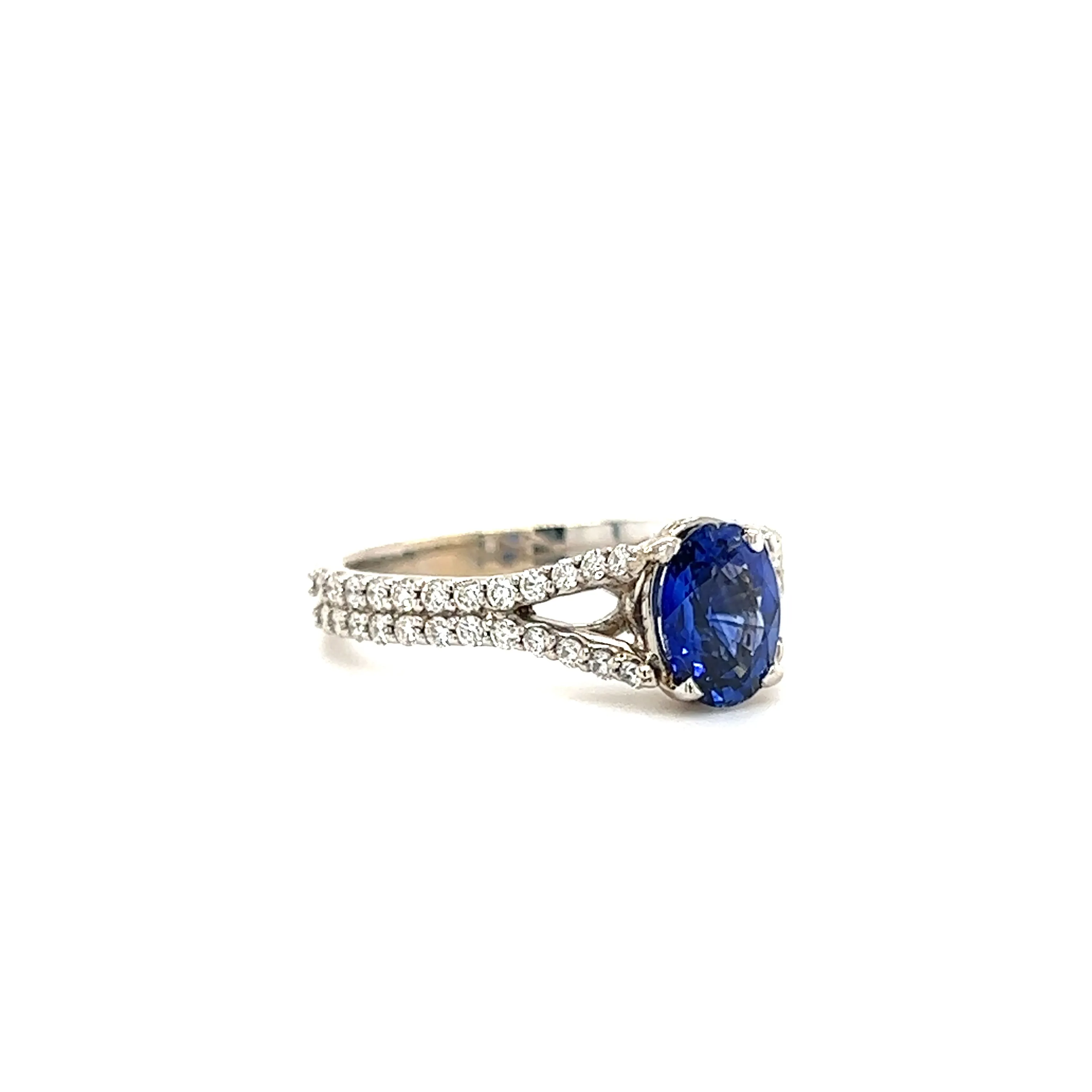 Oval Blue Sapphire Ring with Split Diamond Shank in 14K White Gold