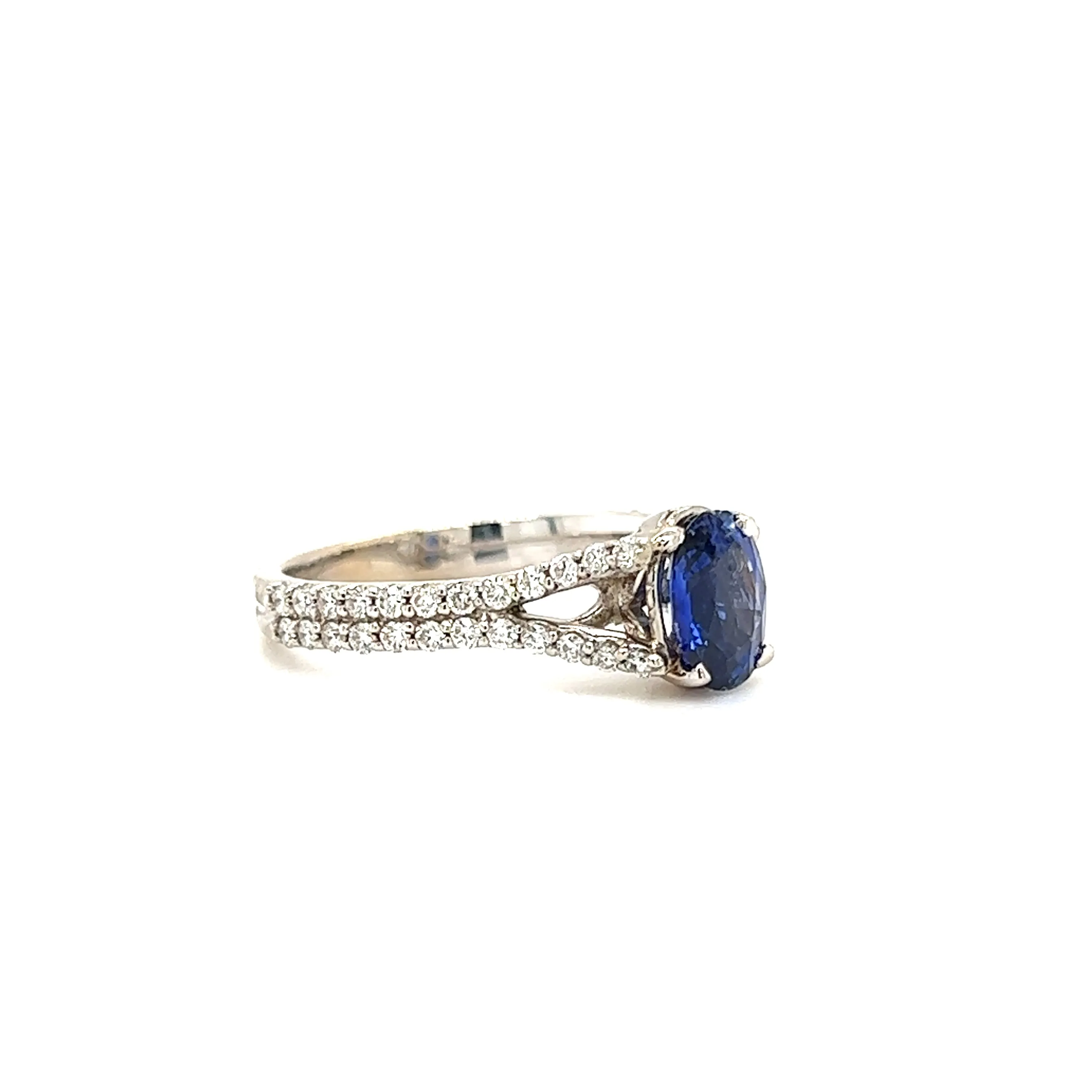 Oval Blue Sapphire Ring with Split Diamond Shank in 14K White Gold