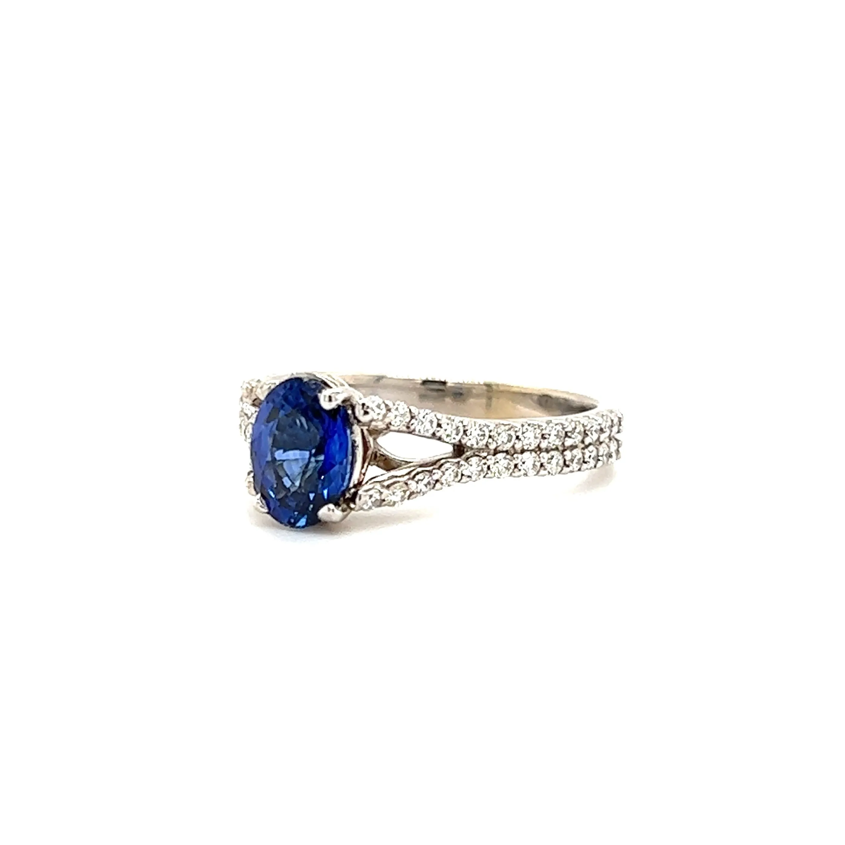 Oval Blue Sapphire Ring with Split Diamond Shank in 14K White Gold