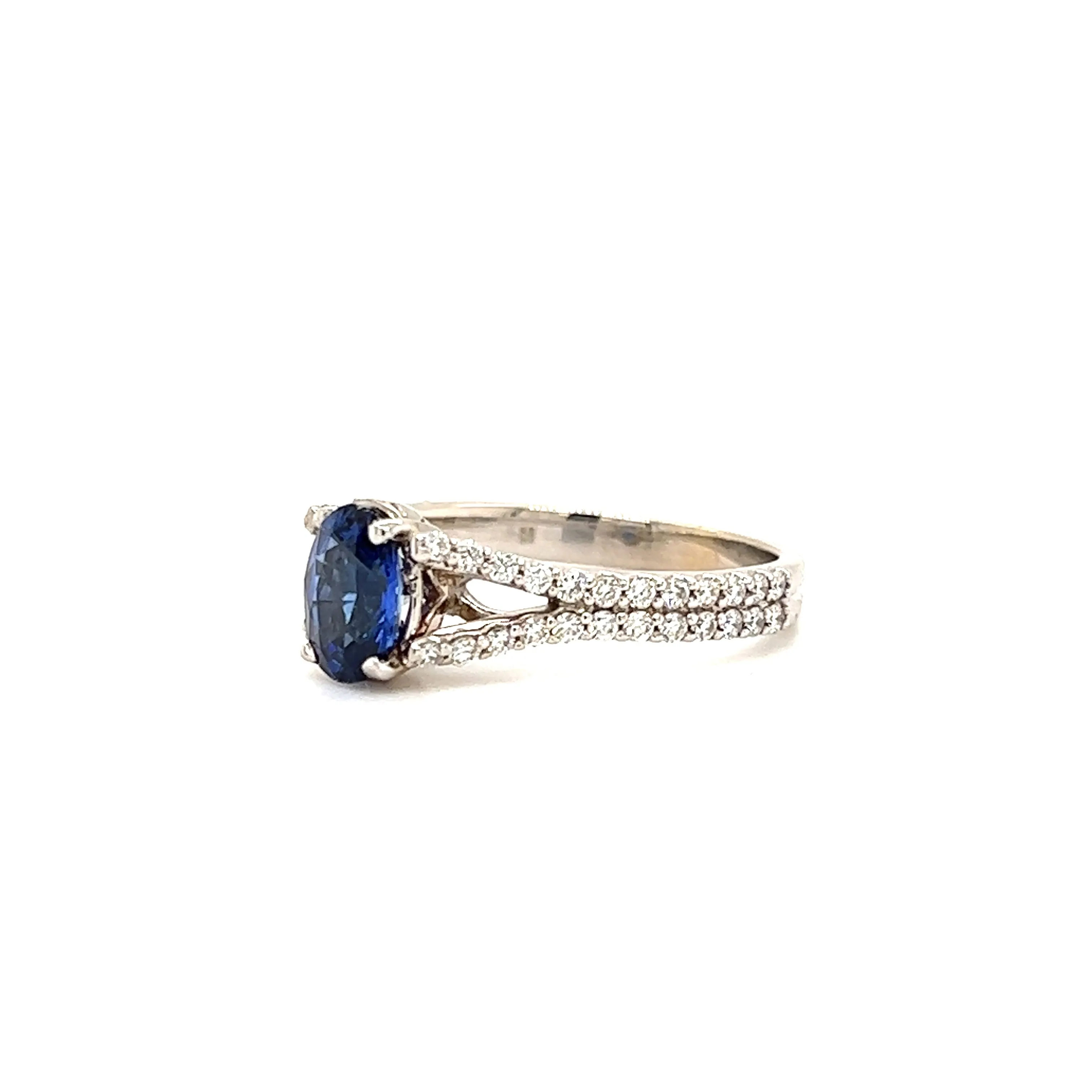 Oval Blue Sapphire Ring with Split Diamond Shank in 14K White Gold