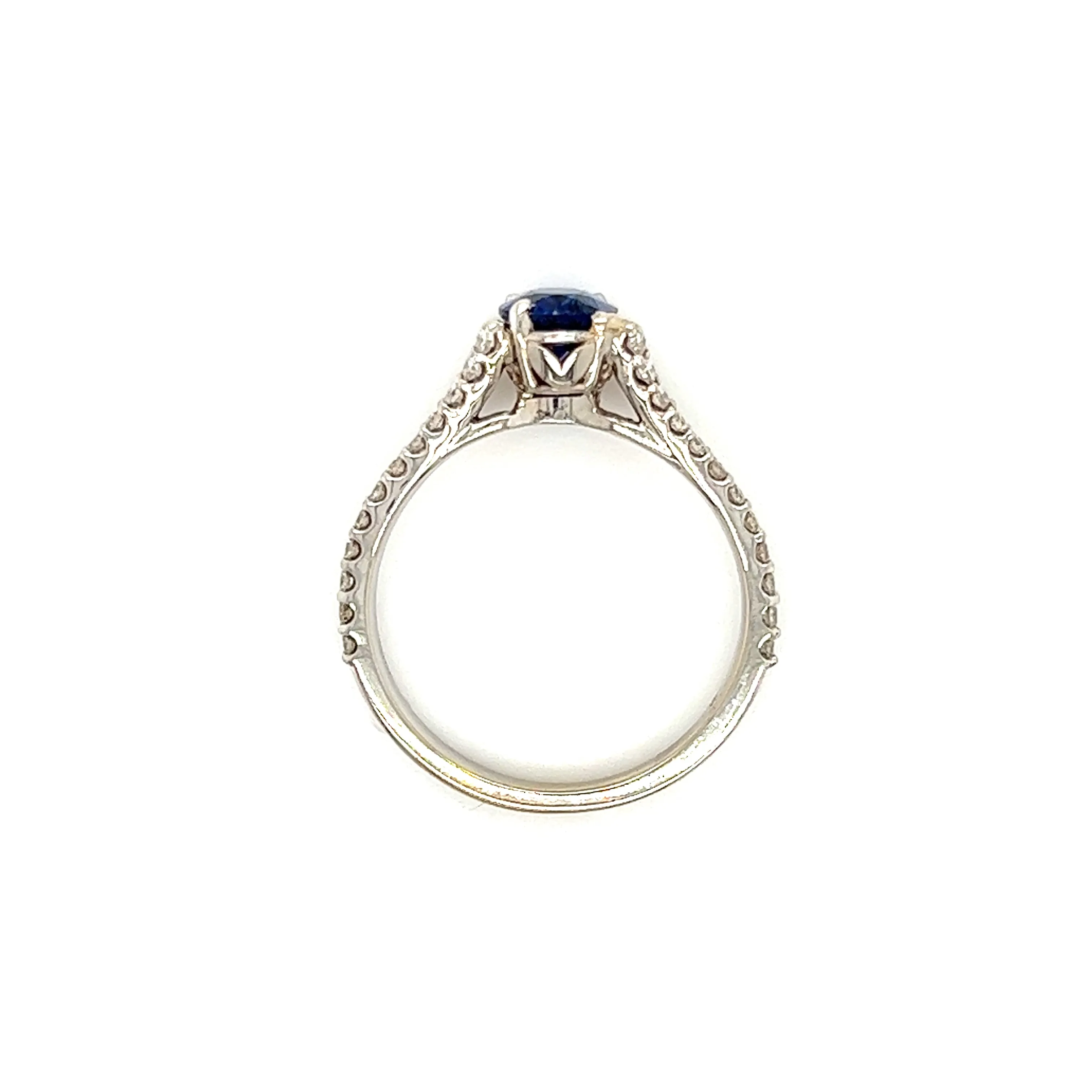 Oval Blue Sapphire Ring with Split Diamond Shank in 14K White Gold