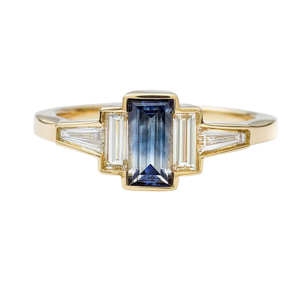 Parti Sapphire Art Deco Ring with TLB Diamonds and a Golden Bezel - OOAK