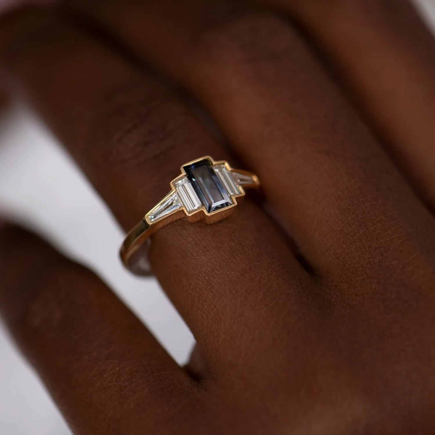 Parti Sapphire Art Deco Ring with TLB Diamonds and a Golden Bezel - OOAK