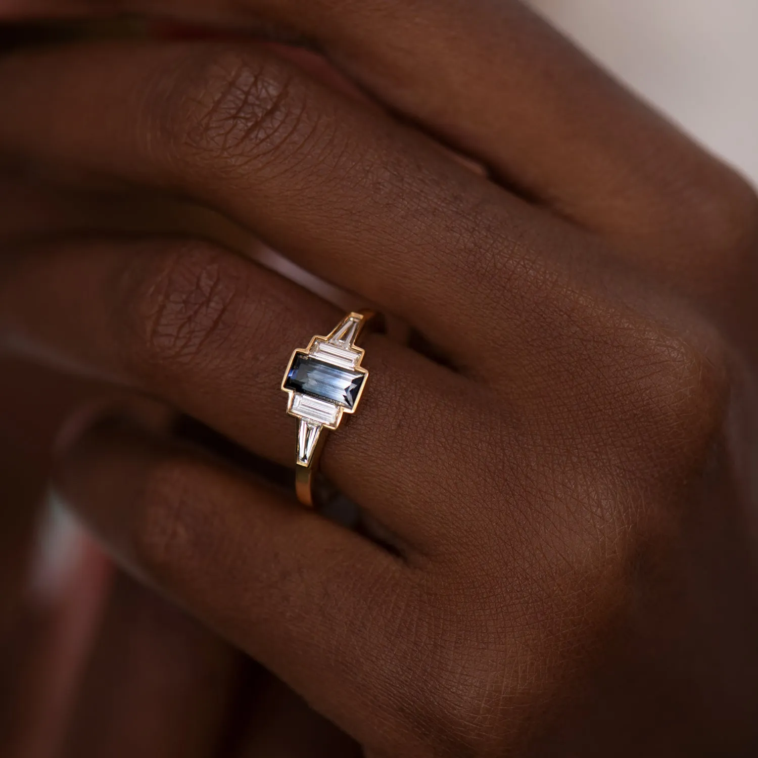 Parti Sapphire Art Deco Ring with TLB Diamonds and a Golden Bezel - OOAK