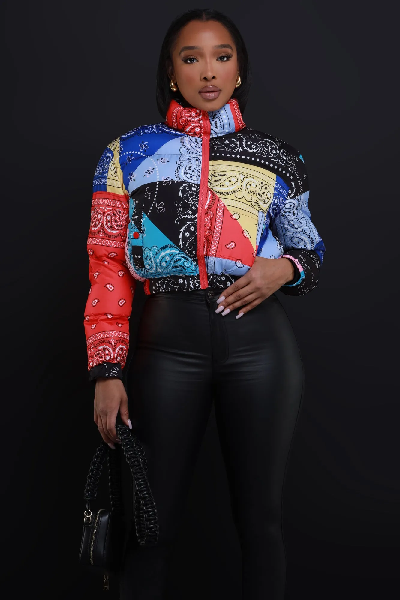 Patch Me In Cropped Puffer Jacket - Black Multicolor