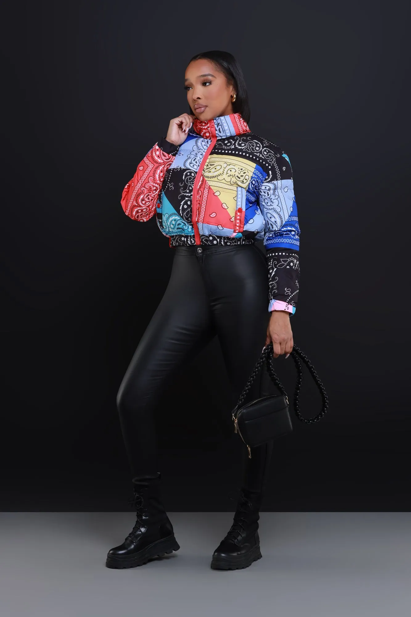 Patch Me In Cropped Puffer Jacket - Black Multicolor