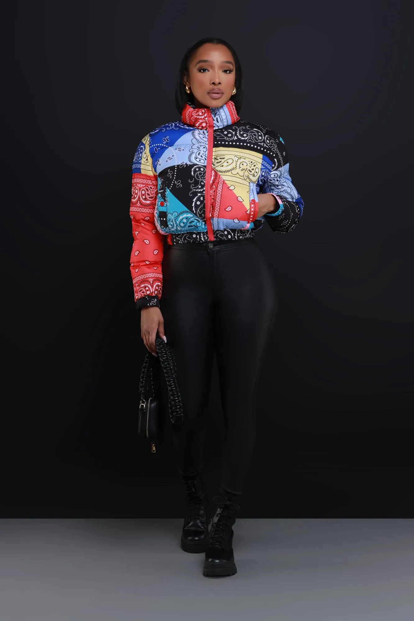 Patch Me In Cropped Puffer Jacket - Black Multicolor