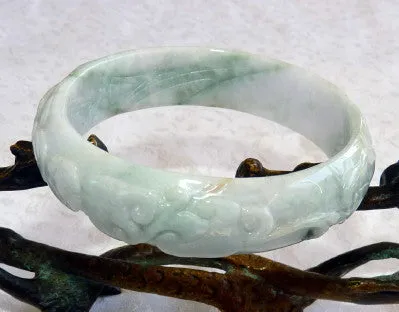 Phoenix, Lotus, Lucky Coin Carved Lao Pit Burmese Jadeite Bangle Bracelet 57.5mm (BB2922)