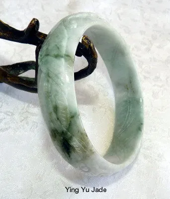 Phoenix, Lotus, Lucky Coin Carved Lao Pit Burmese Jadeite Bangle Bracelet 57.5mm (BB2922)