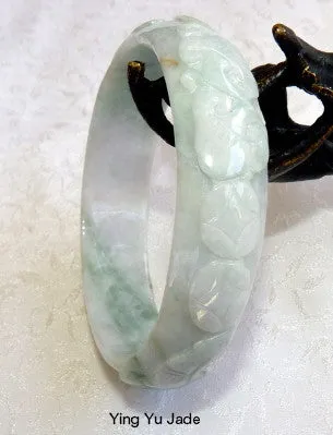 Phoenix, Lotus, Lucky Coin Carved Lao Pit Burmese Jadeite Bangle Bracelet 57.5mm (BB2922)