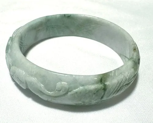 Phoenix, Lotus, Lucky Coin Carved Lao Pit Burmese Jadeite Bangle Bracelet 57.5mm (BB2922)