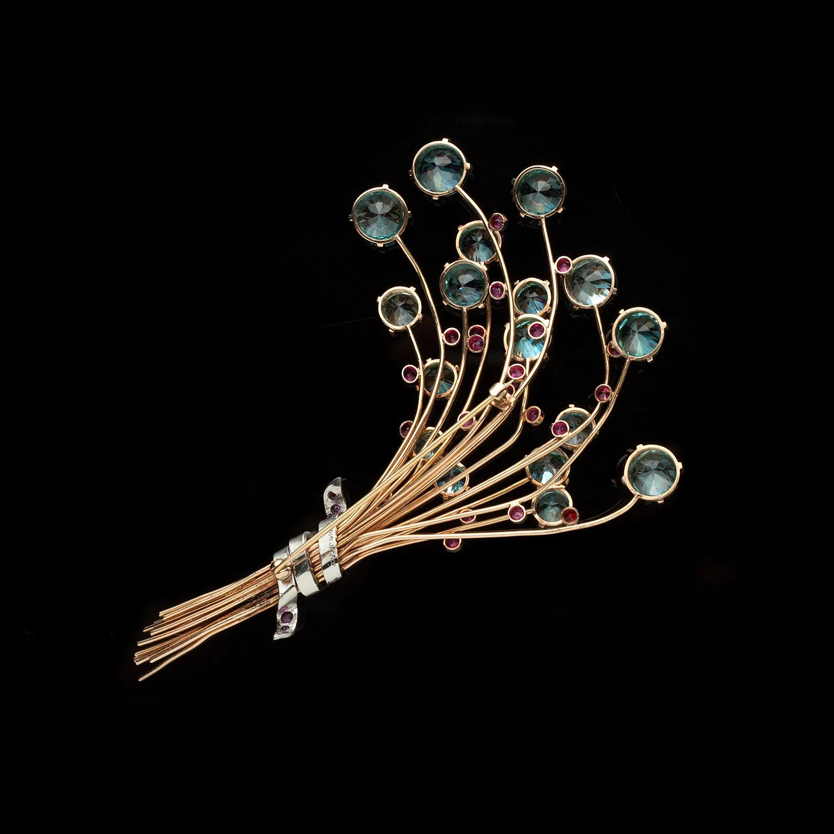 Retro J.E. Caldwell Ruby & Blue Zircon Bouquet Brooch, circa 1940s