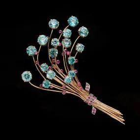 Retro J.E. Caldwell Ruby & Blue Zircon Bouquet Brooch, circa 1940s