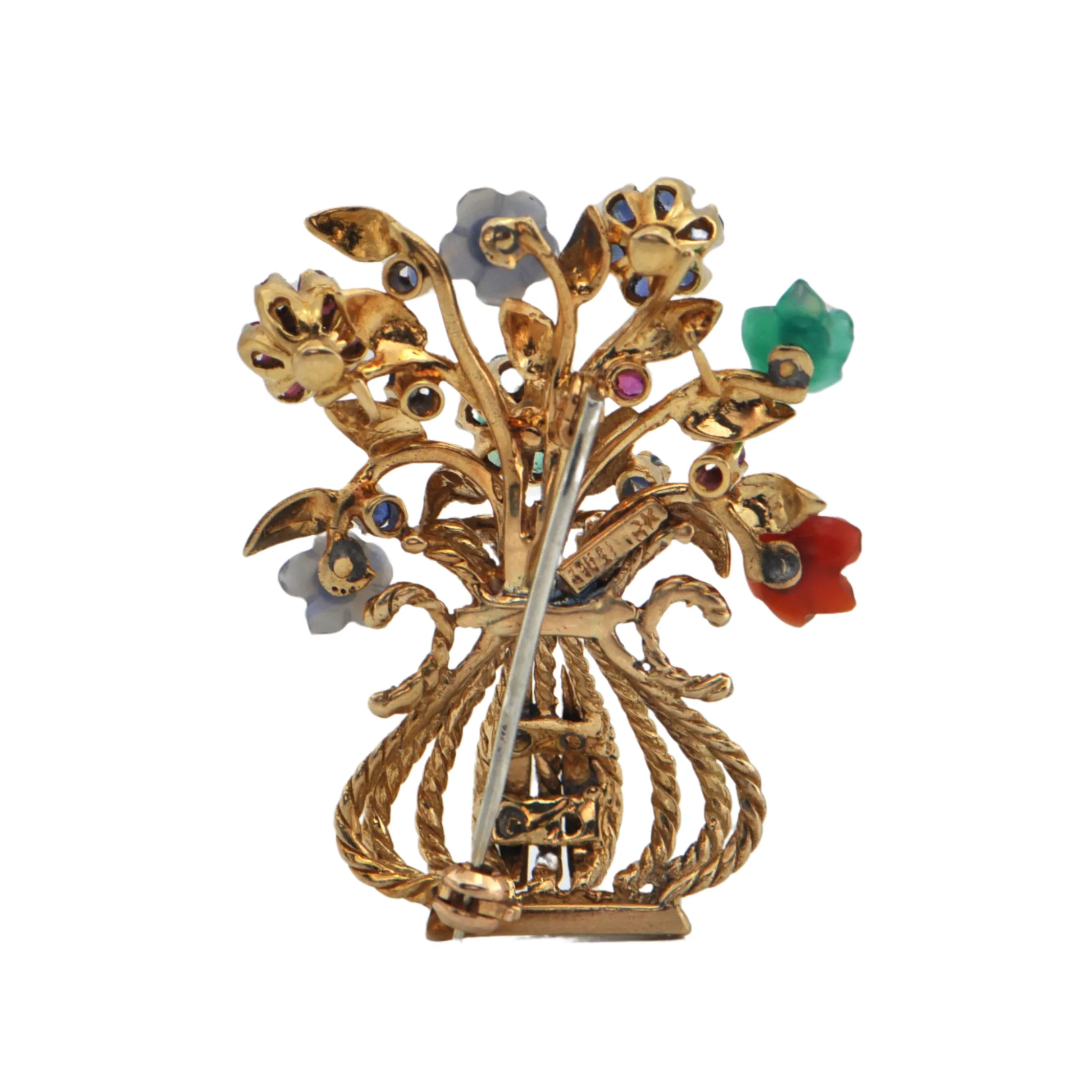 Retro Multi Gem Gardinetto (Flower Basket) 18K Gold Brooch 'Italy'