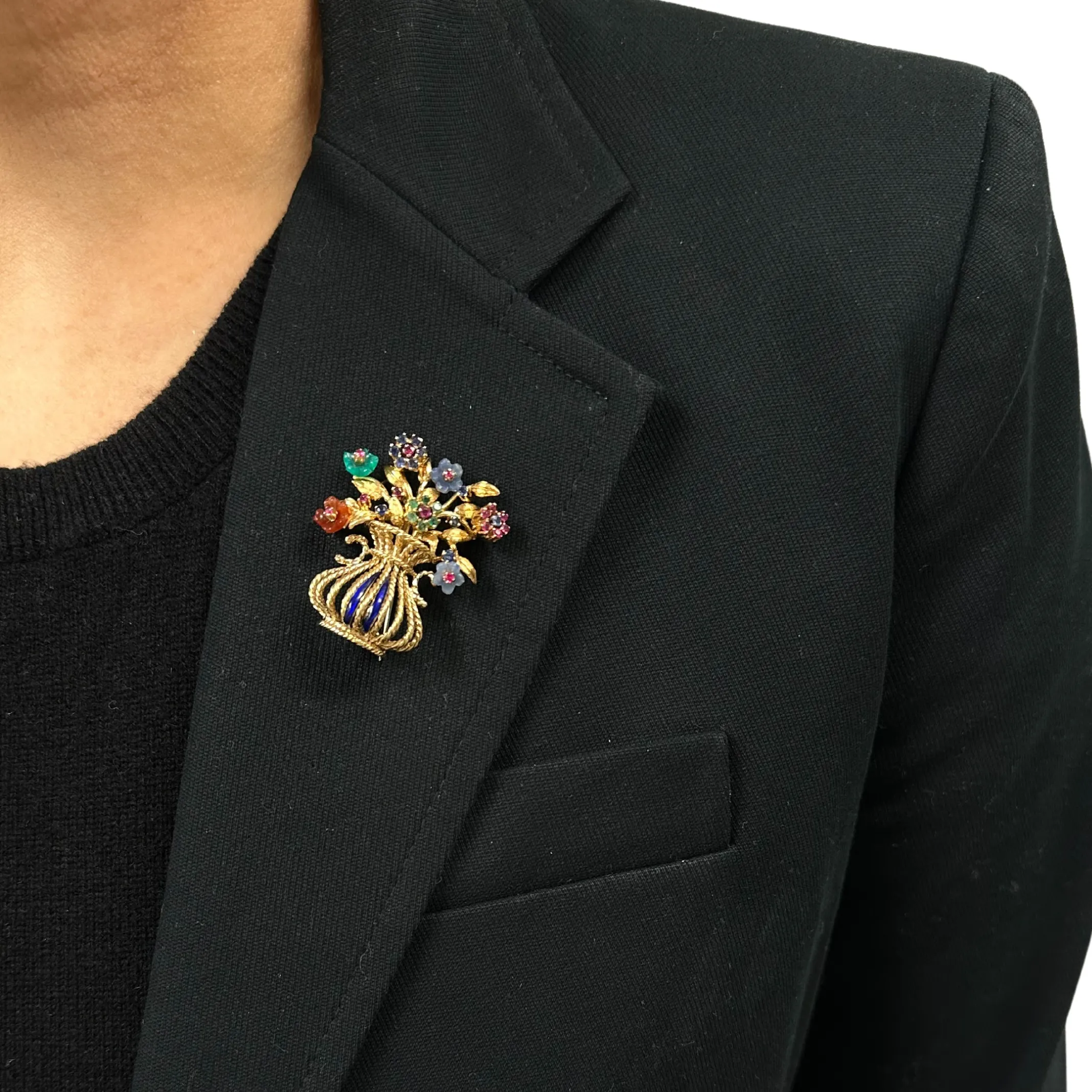 Retro Multi Gem Gardinetto (Flower Basket) 18K Gold Brooch 'Italy'