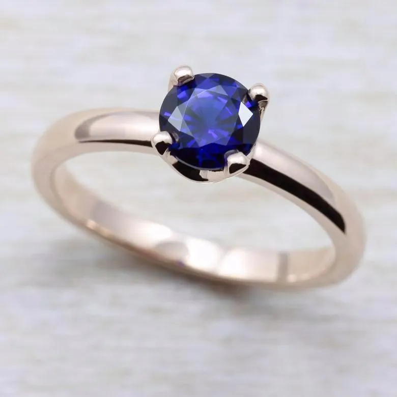 Rose Gold Crown Solitaire with Dark Blue Chatham Sapphire