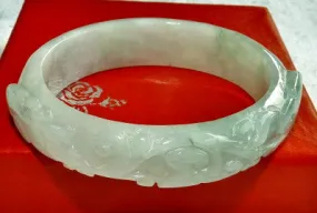 Sale-Small Oval Carved Lotus Coin Flowers Burmese Jadeite Bangle Bracelet (Fits Like 50mm) (BB2916)