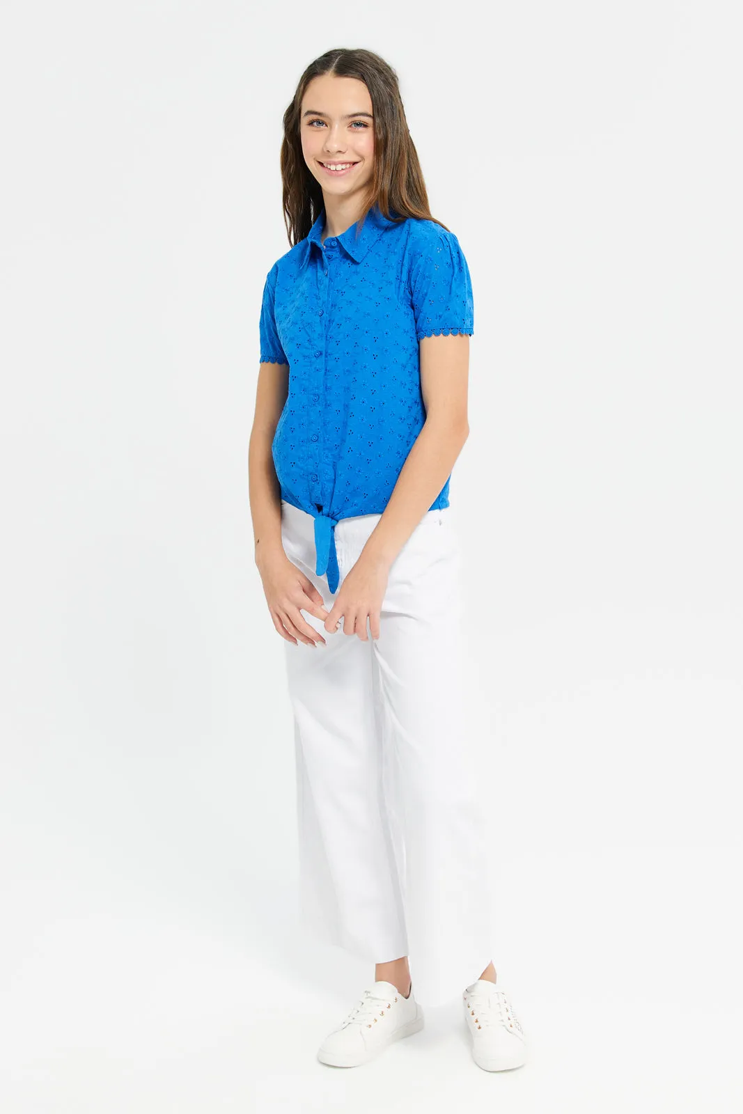 Senior Girls Blue Embossed Front Tie Blouse