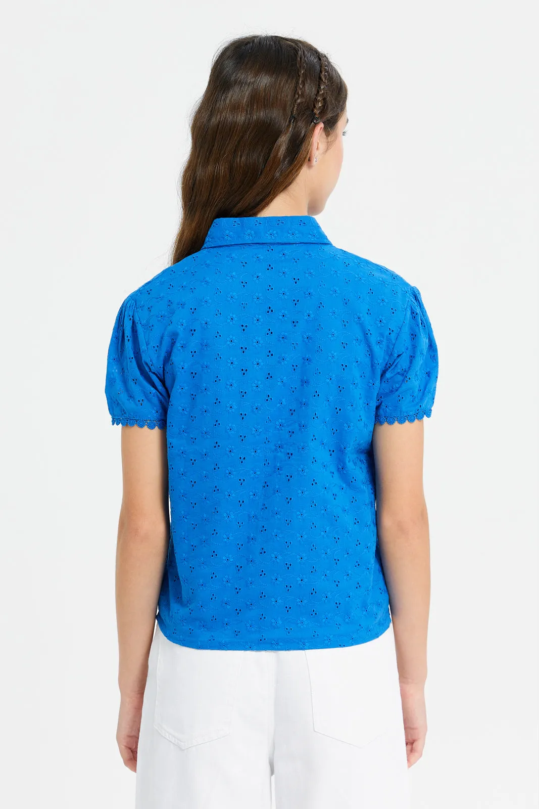 Senior Girls Blue Embossed Front Tie Blouse