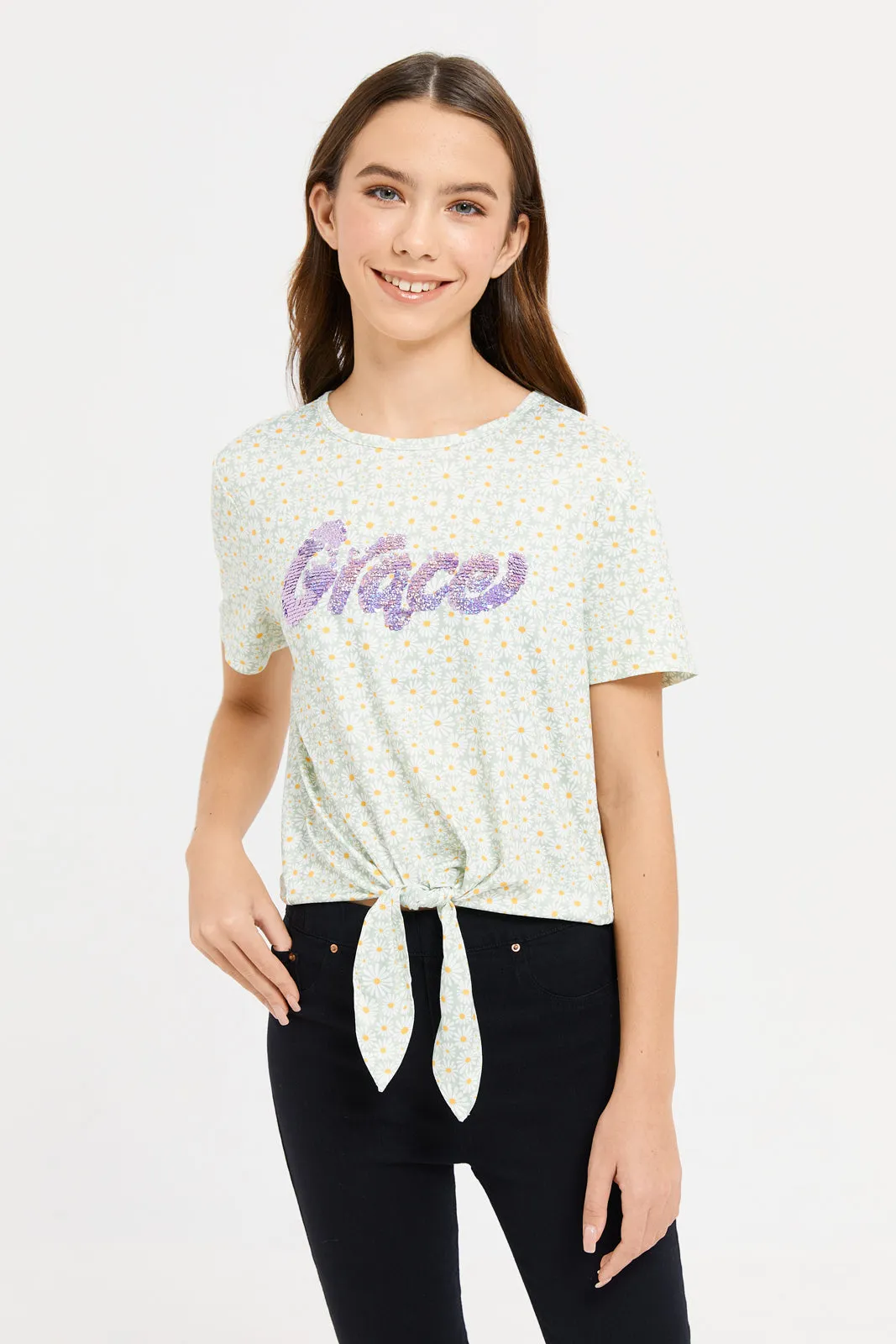 Senior Girls Mint Printed Front Tie Top