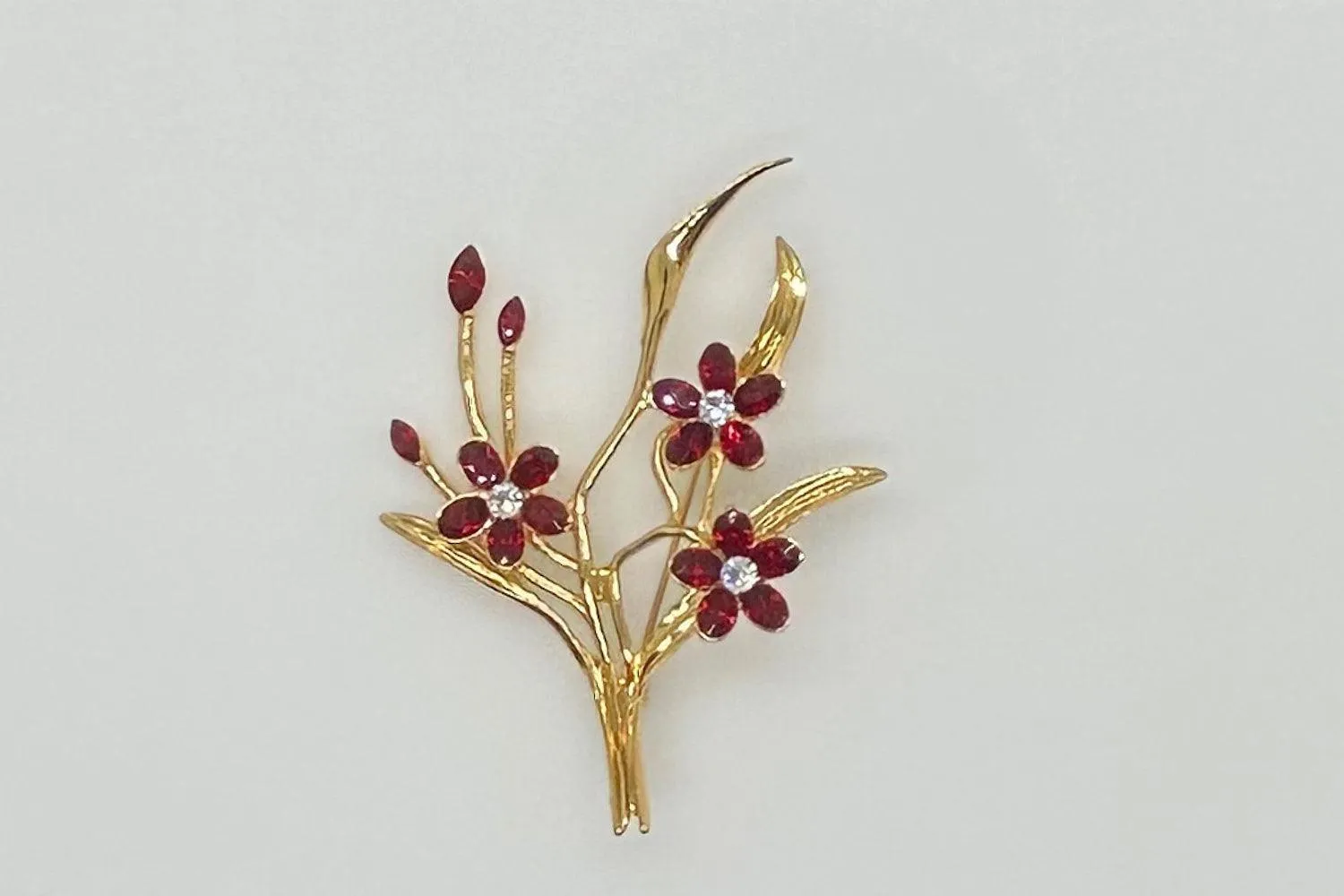 Sinuous Floral Red Stone Vintage Brooch