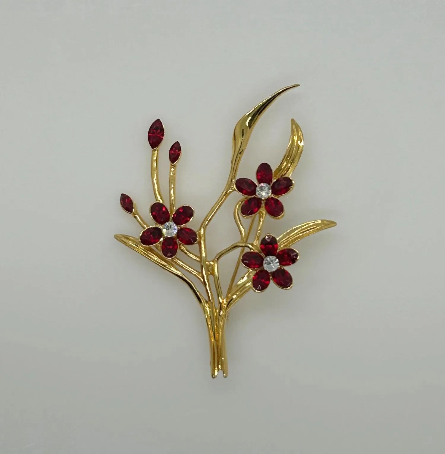 Sinuous Floral Red Stone Vintage Brooch