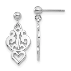 Small Filigree Heart Dangle Post Earrings in 14k White Gold