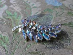 SPARKLING Vintage 50s Brooch,GLITTERING Blue Pink Gold Aurora Borealis Stones,Lovely Rhinestone Pin,Leaf Motif Pin,Collectible J