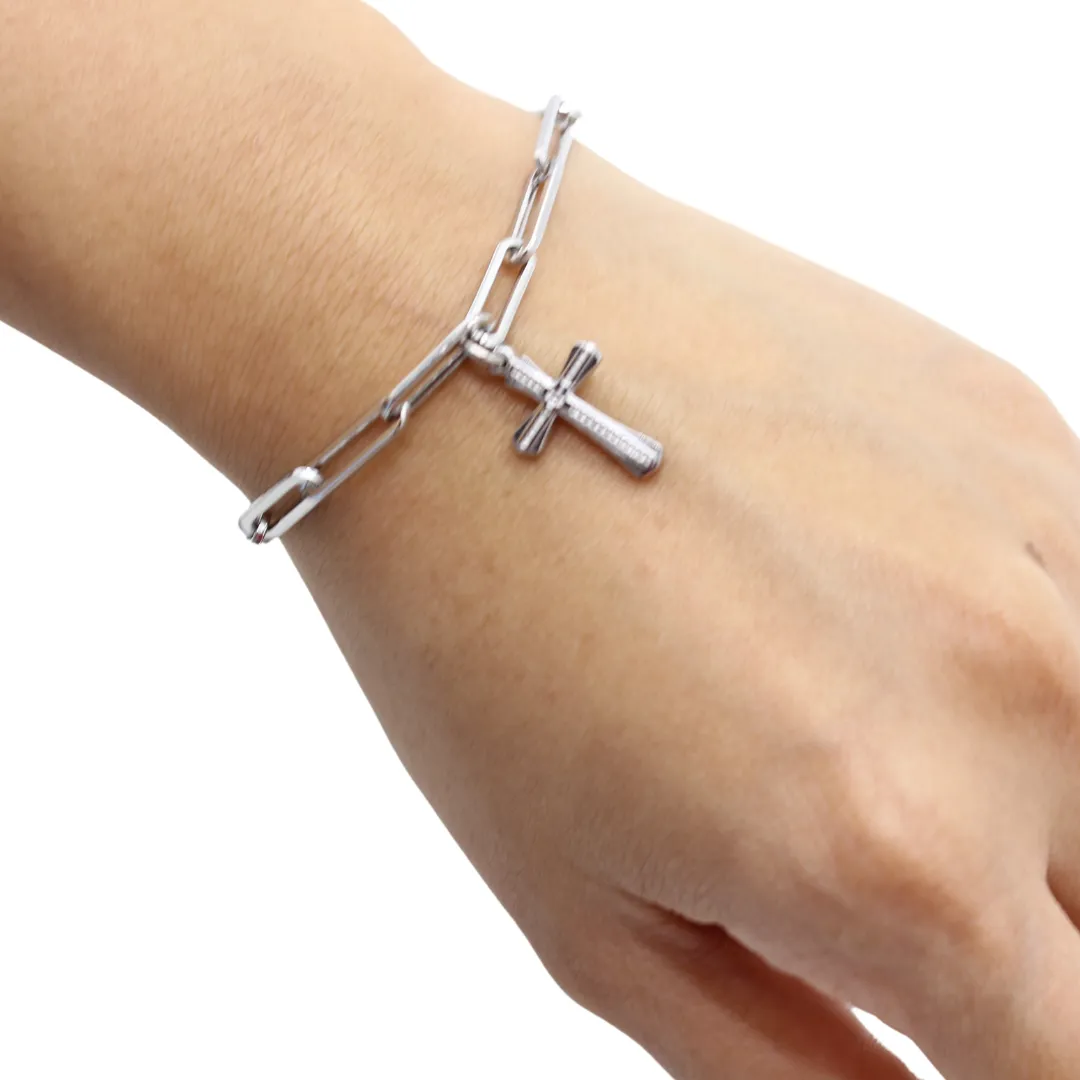 Stainless Steel Chain Link Bracelet with Cross