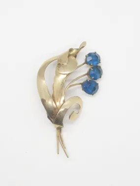 Striking Gold Filled and Oval Blue Faceted  Vintage Flower Brooch