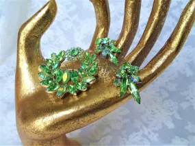 STUNNING Brooch and Earrings Set,Signed SHERMAN, Sparkling Peridot and AB Glass Swarovski Rhinestones, Mid-Century Vintage Jewel