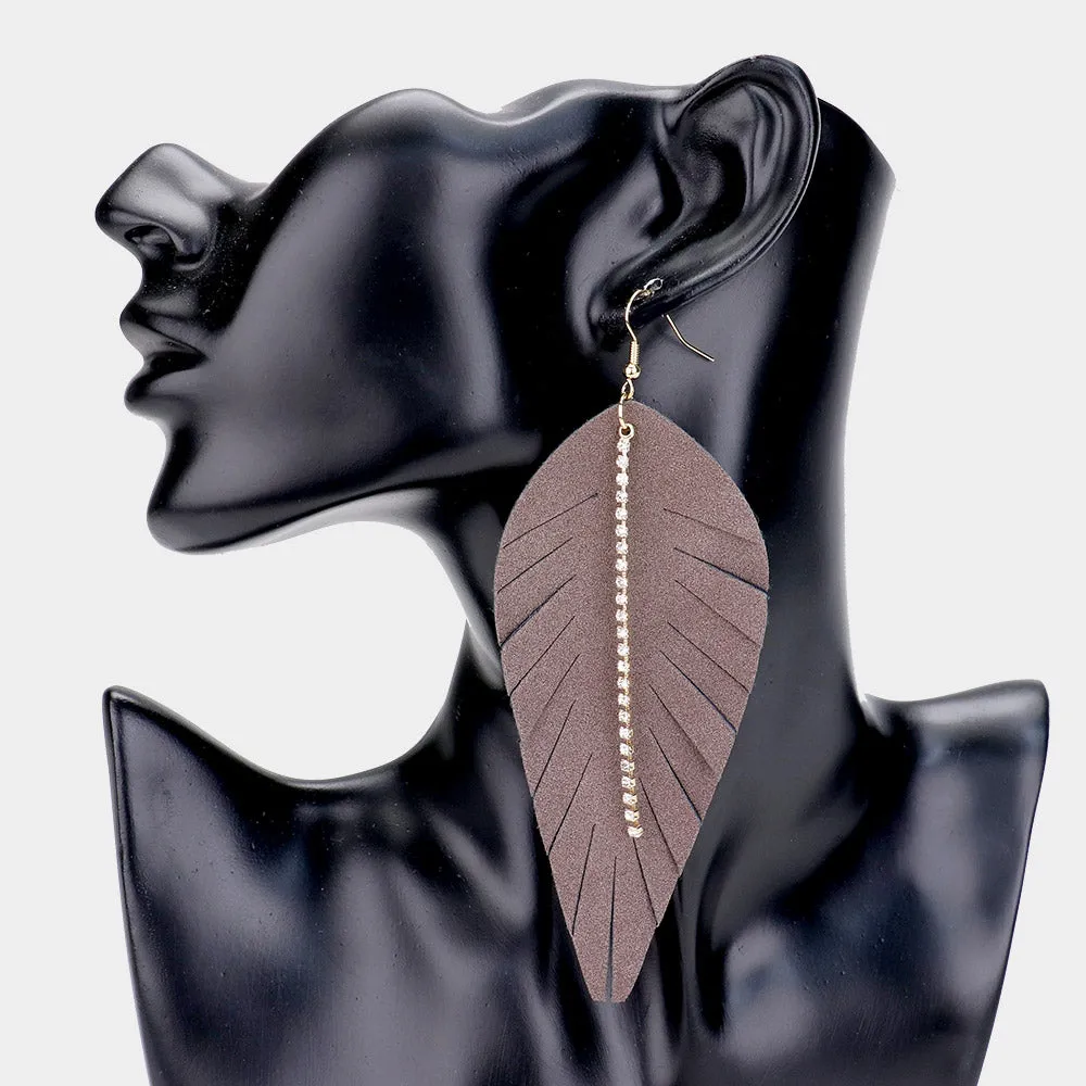 Suede Feather Rhinestone Drop Earrings